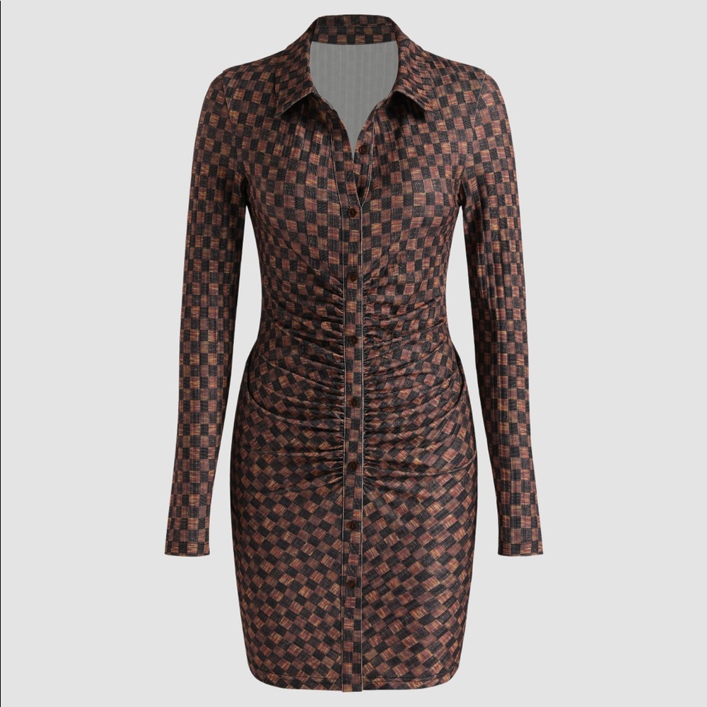 NWT - CIDER Plaid Ruched BodyCon Mini Dress, Women’s XS, Brown Plaid